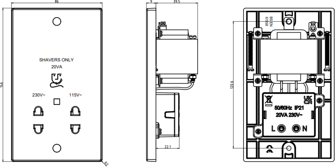 Additional view of Knightsbridge Dual Voltage Shaver Socket with Neon
