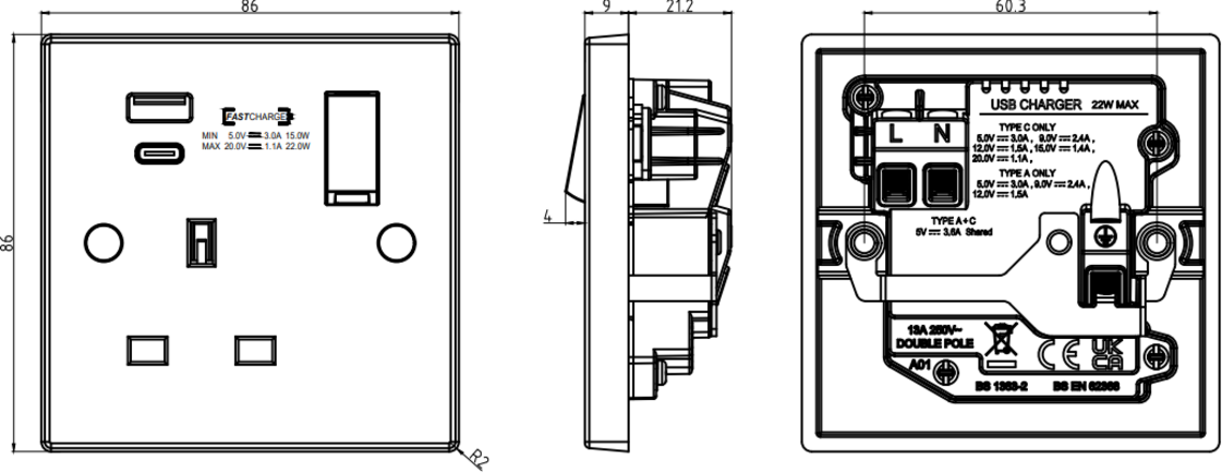 Side view of 13A 1G DP Switched Socket with Dual USB A+C