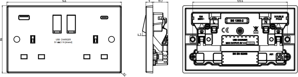 13A 2G DP Switched Socket with Dual USB A+C - Side View
