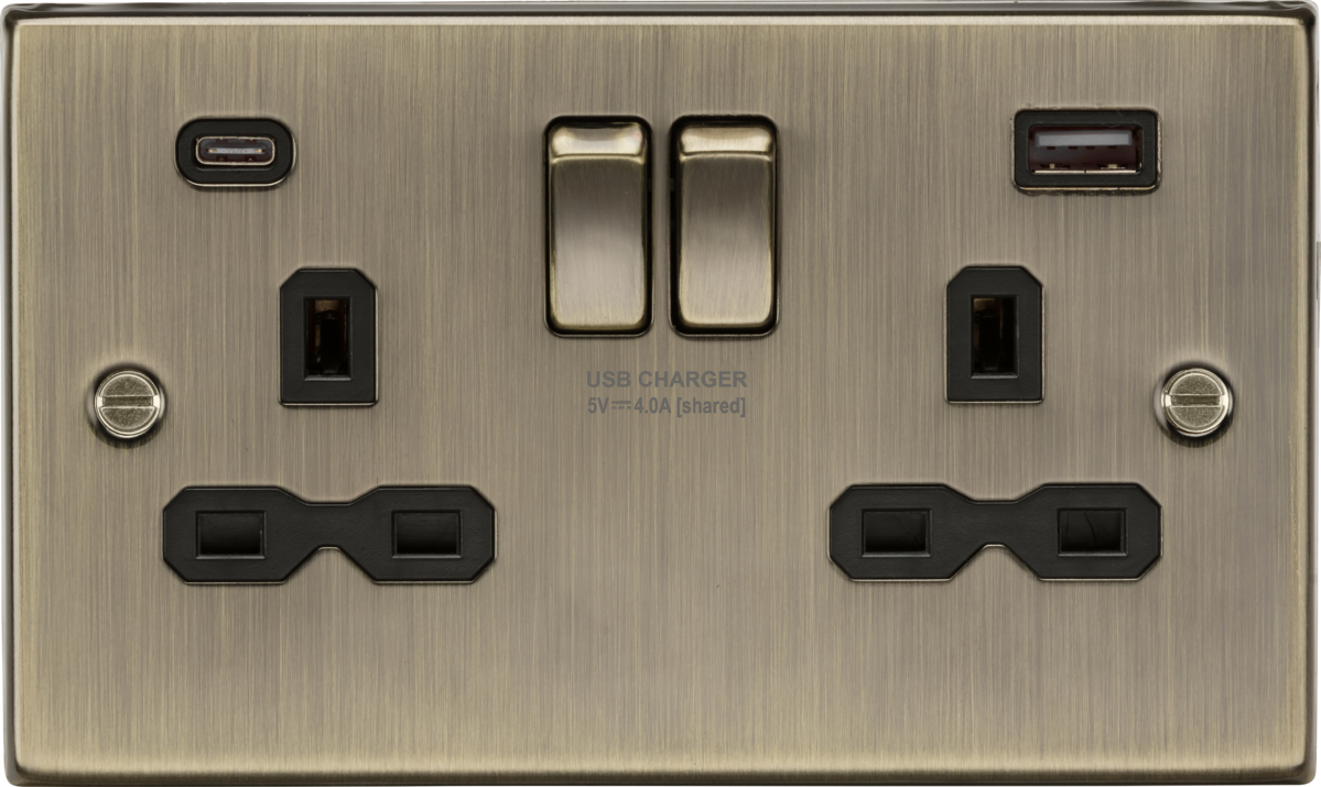 13A 2G SP Switched Socket with Dual USB A+C - Antique Brass