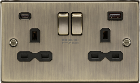 13A 2G SP Switched Socket with Dual USB A+C - Antique Brass
