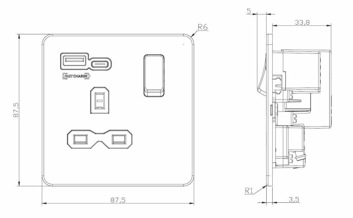 Alternative view of 13A 1G Switched Socket with Dual USB A+C
