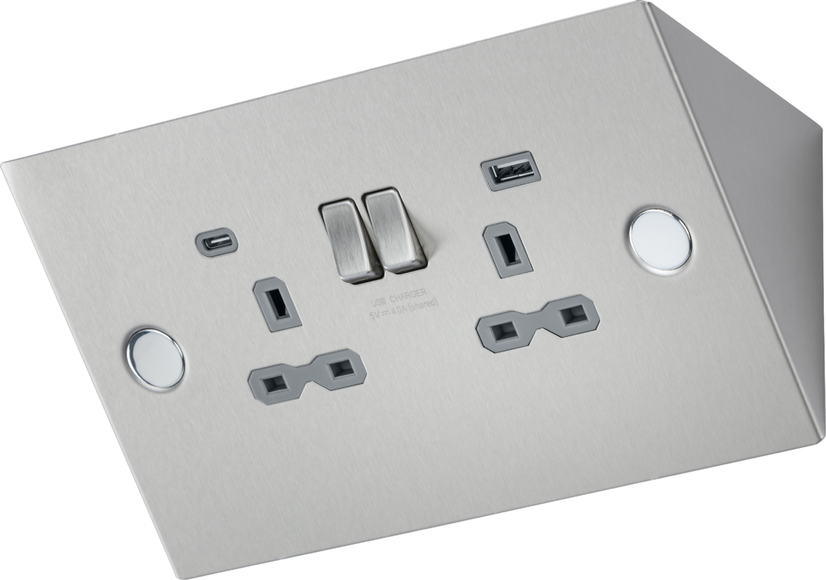 Under Cabinet 13A Socket with Dual USB A+C - Stainless Steel