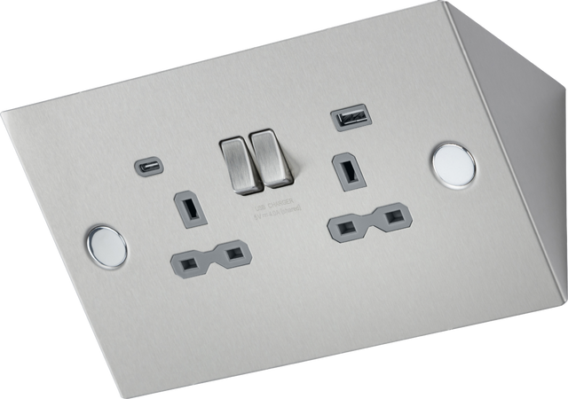 Under Cabinet 13A Socket with Dual USB A+C - Stainless Steel