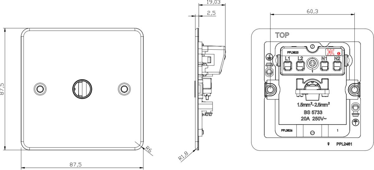 20A Flex Outlet Plate - Brushed Chrome - Side View