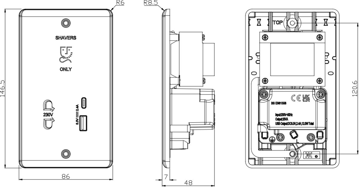 230V Shaver Socket with USB Charging - Side View