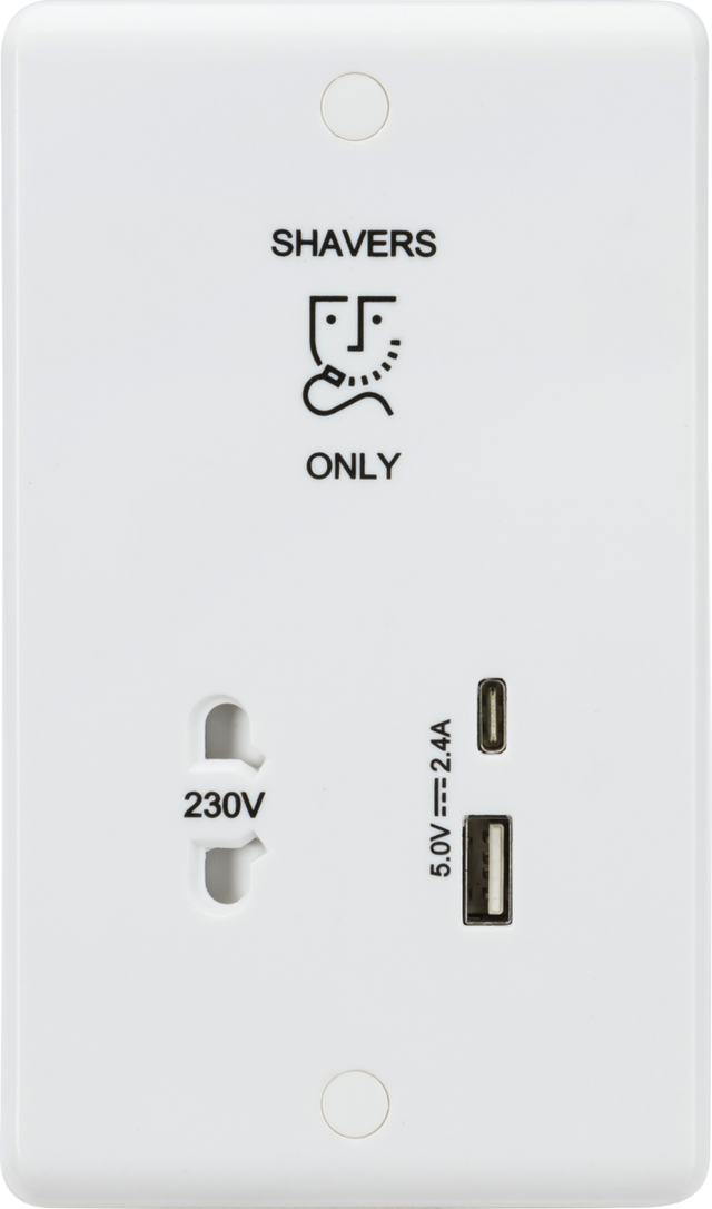 230V Shaver Socket with Dual USB A+C - White