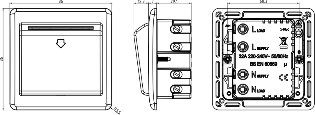 32A 1G Key Card Switch - Front View