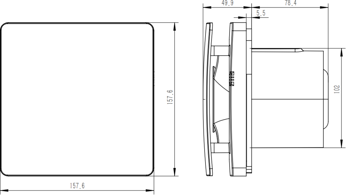 Side view of IP45 100mm Extractor Fan - Black