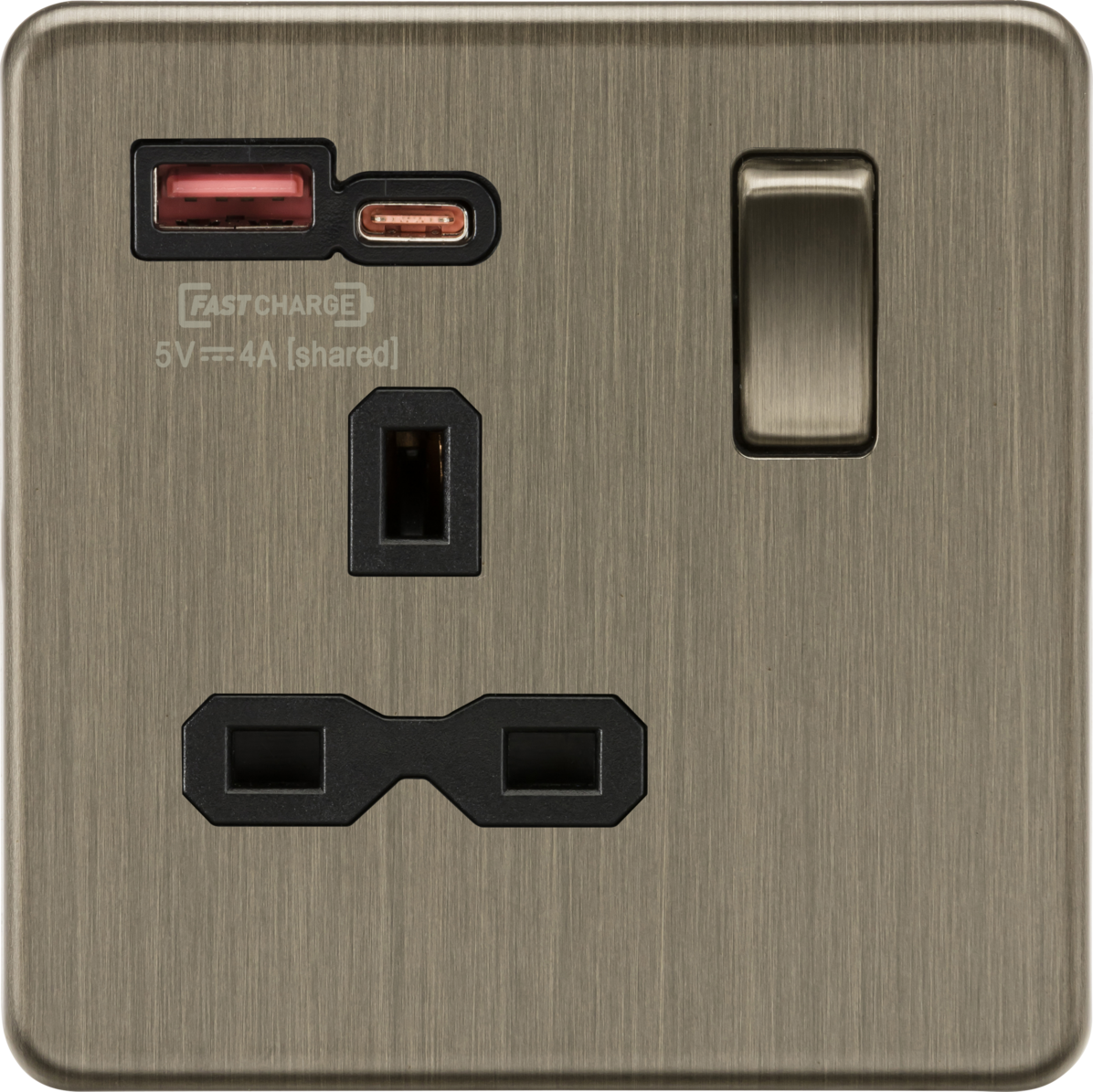 13A 1G Switched Socket with Dual USB A+C - Antique Brass