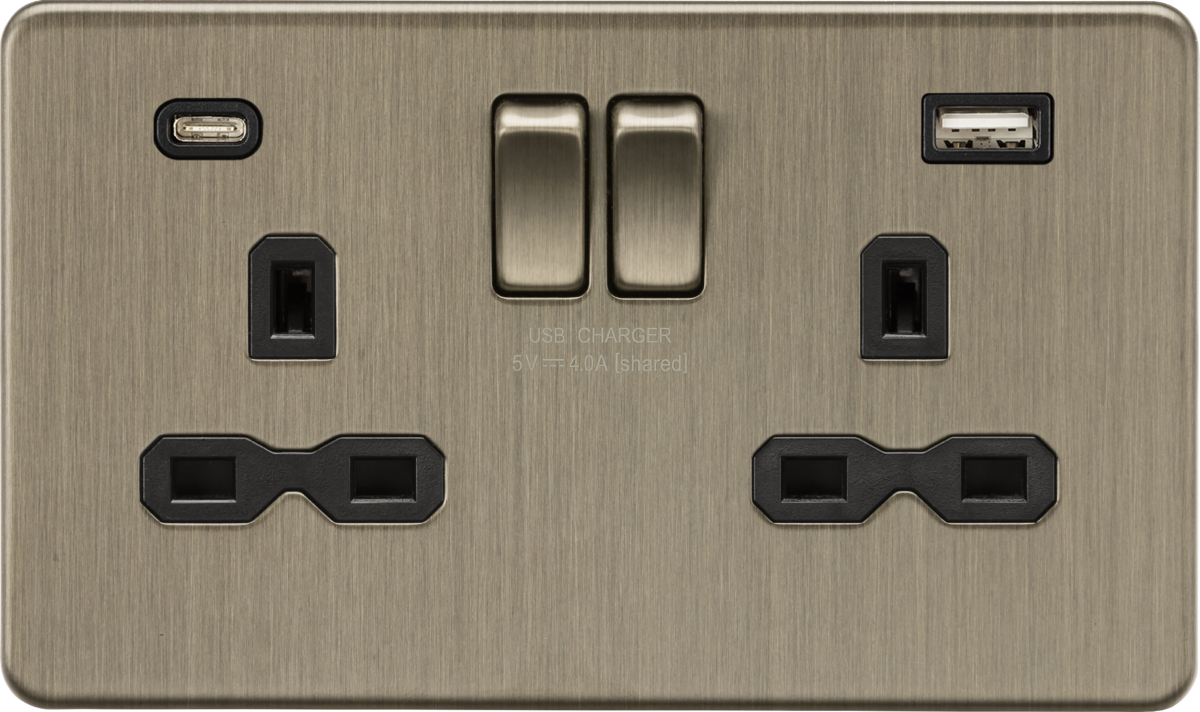 13A 2G SP Switched Socket with Dual USB Charger - Antique Brass
