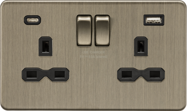 13A 2G SP Switched Socket with Dual USB Charger - Antique Brass