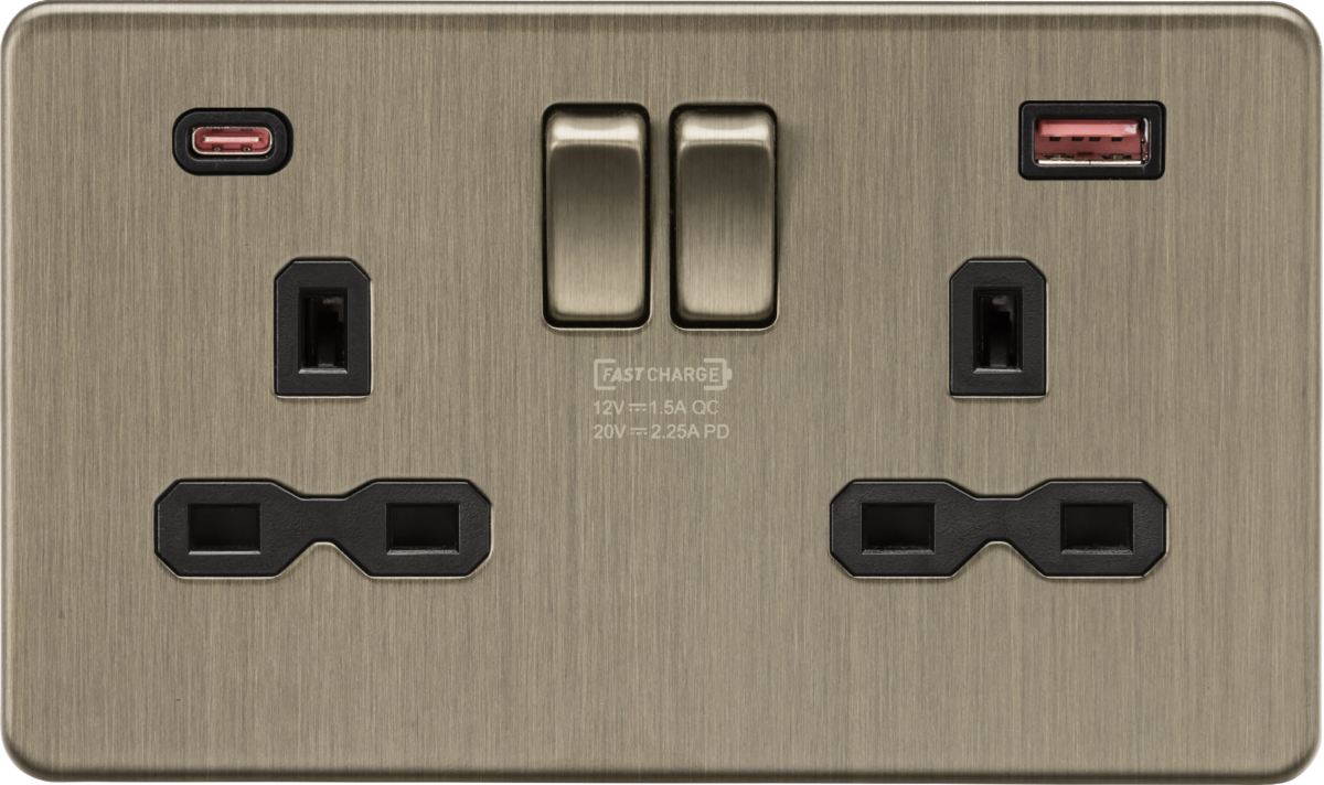 13A 2G DP Switched Socket with Dual USB A+C - Antique Brass