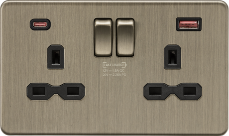 13A 2G DP Switched Socket with Dual USB A+C - Antique Brass