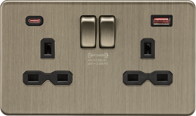 13A 2G DP Switched Socket with Dual USB A+C - Antique Brass