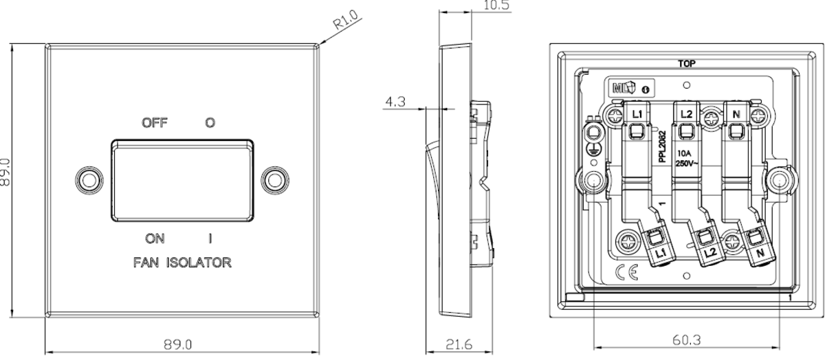 Alternative view of 10A Fan Isolator Switch - Brushed Chrome