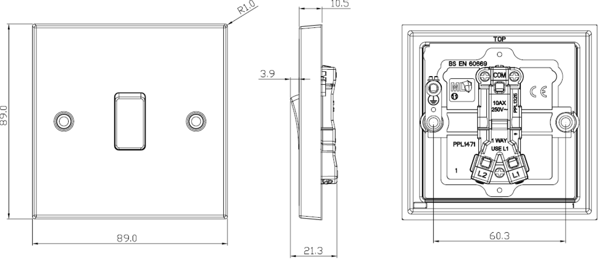 10AX 1G 2-Way Plate Switch - Side View