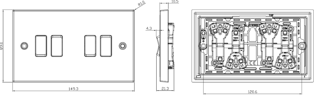 10AX 4G 2-way Plate Switch - Brushed Chrome Side View
