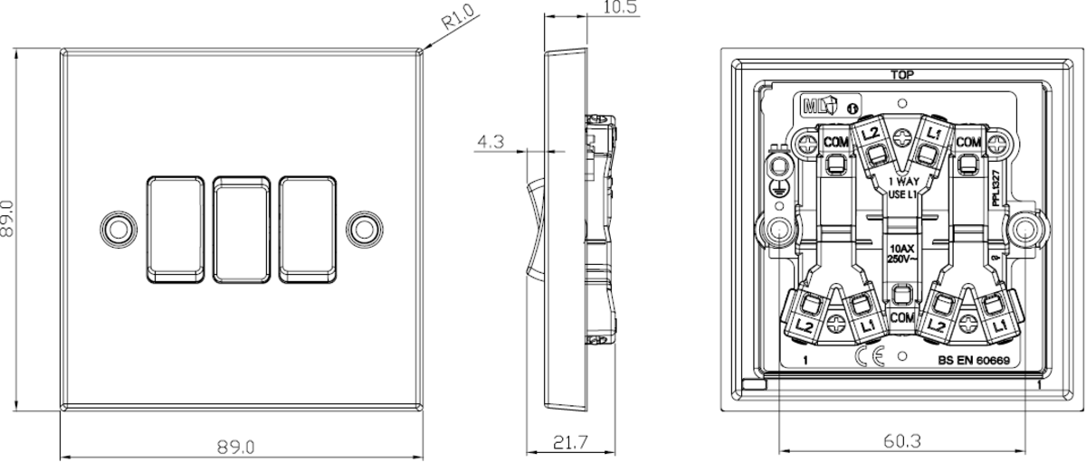 Alternative view of 10AX 3G 2-way Switch - Square Edge Brushed Chrome