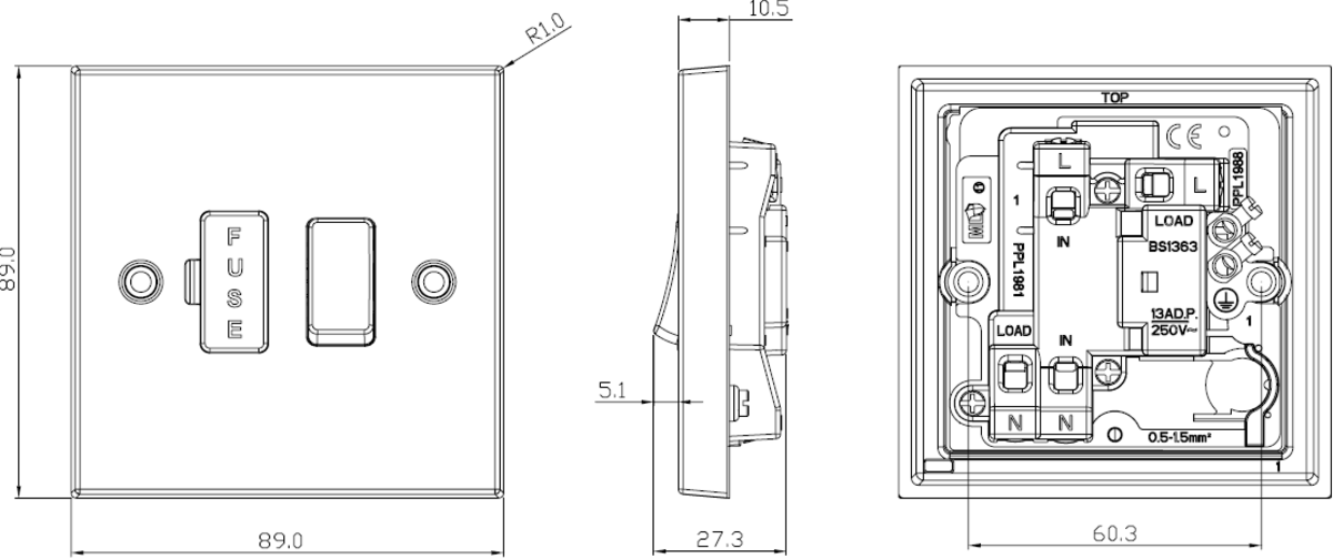 13A Switched Fused Spur Unit - Square Edge Brushed Chrome