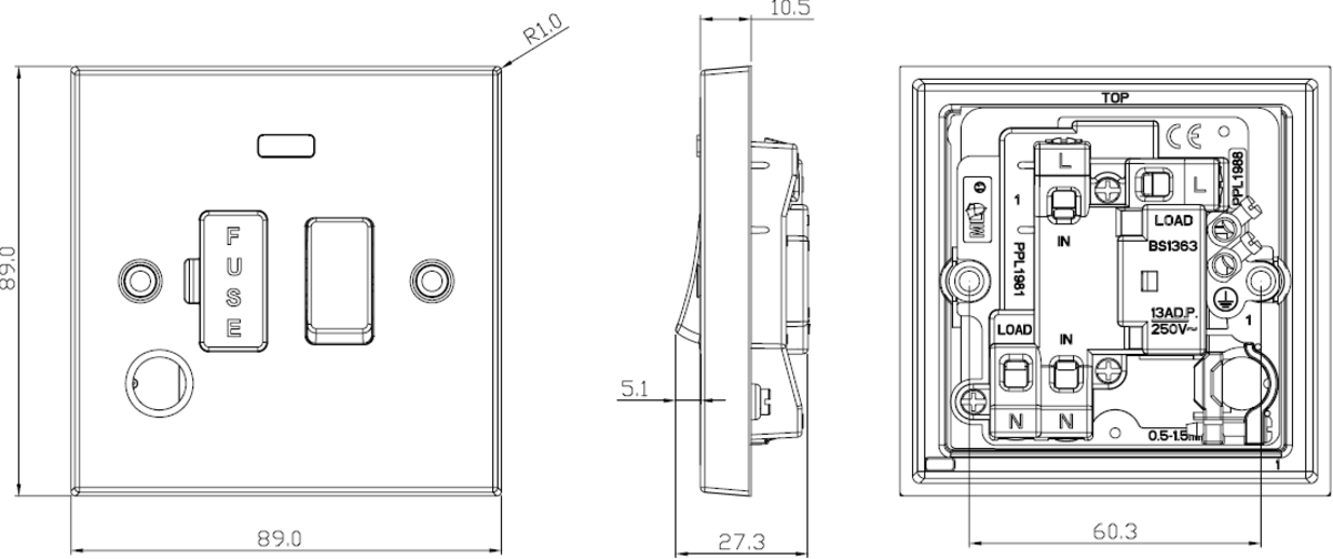 Alternative view of 13A Switched Fused Spur Unit - Brushed Chrome