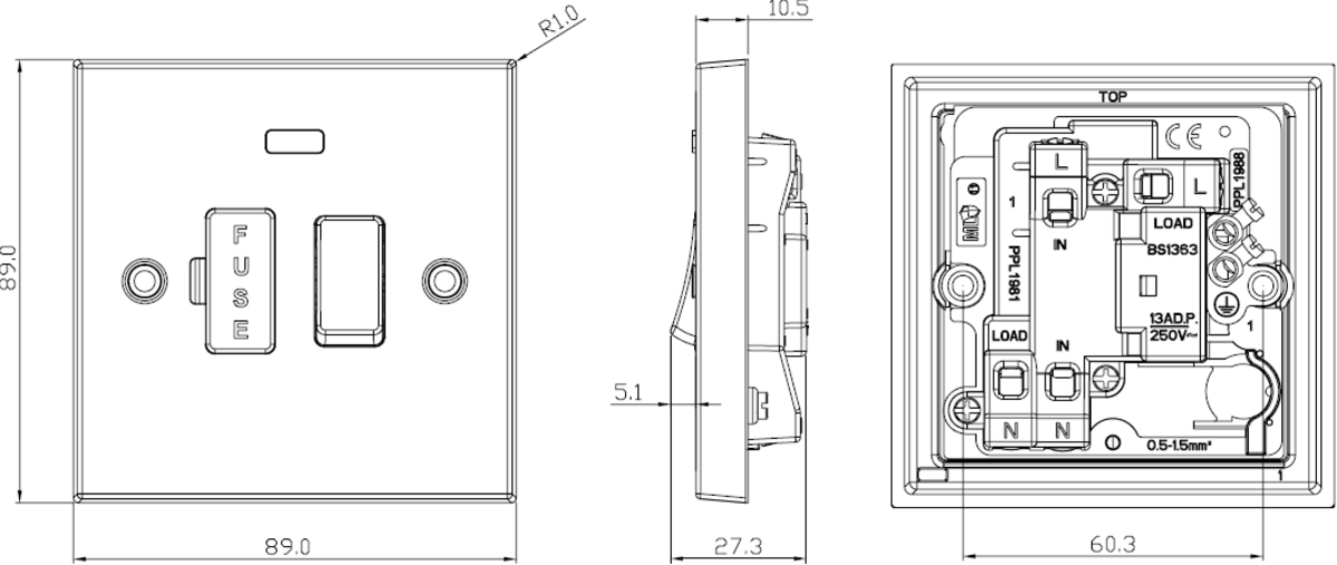 13A Fused Spur Unit Square Edge - Brushed Chrome