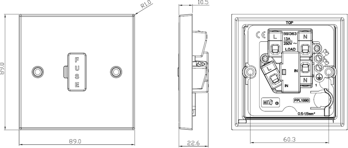 13A Fused Spur Unit - Brushed Chrome - Side View