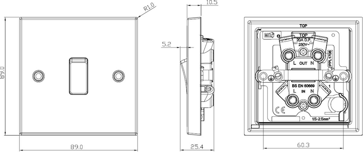 ML Accessories 20A 1G DP Switch - Brushed Chrome - Side View