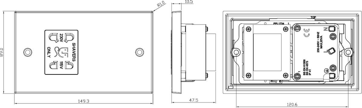 Brushed Chrome Dual Voltage Shaver Socket - Side View
