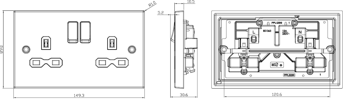 Brushed Chrome 13A Switched Socket with Black Insert