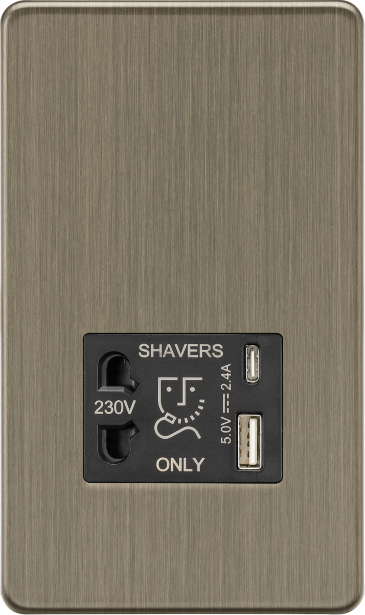 Shaver Socket with Dual USB A+C in Antique Brass