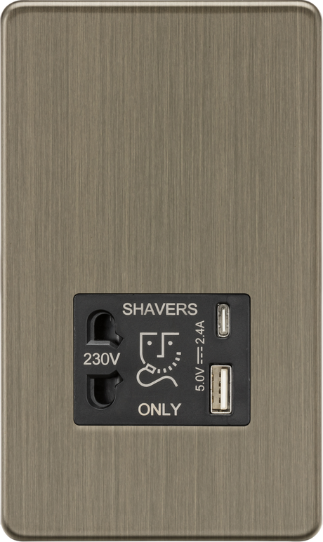 Shaver Socket with Dual USB A+C in Antique Brass