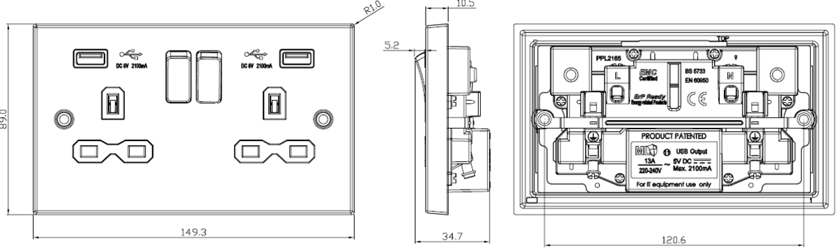 Alternative view of 13A 2G SP Switched Socket with Dual USB.