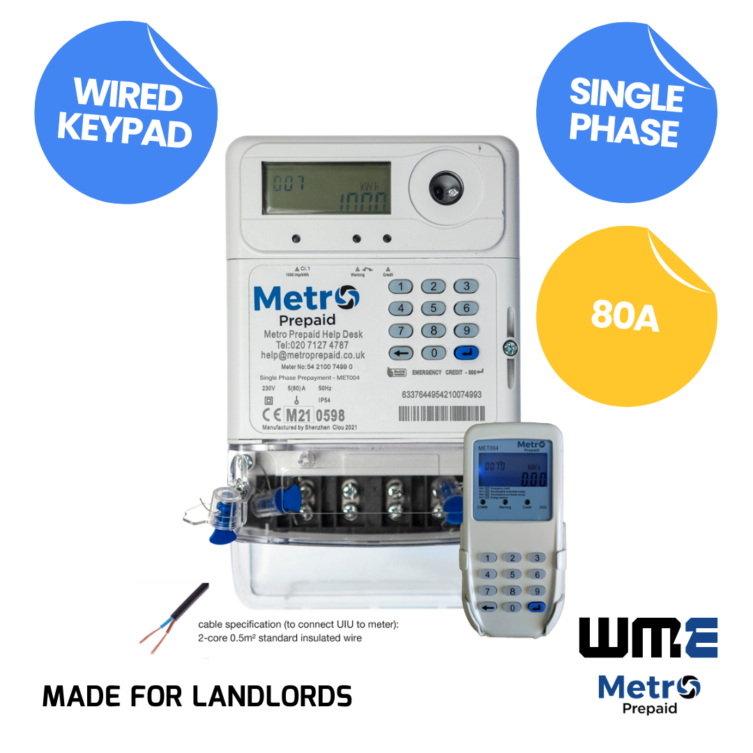 MET004 Metro Digital Prepaid Electricity Meter, Single Phase, 80A, Remote Keypad, IP54,