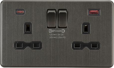 13A 2G DP Switched Socket with Dual USB A+C, Smoked Bronze