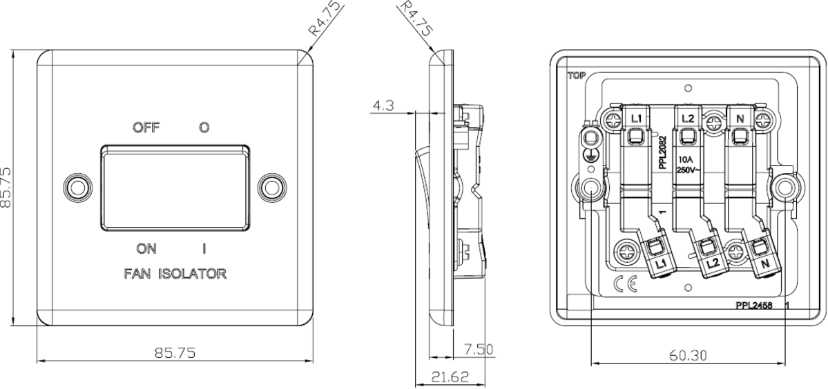 10A Fan Isolator Switch - Polished Chrome - Side View
