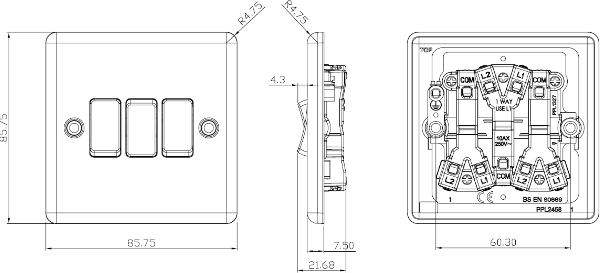10AX 3G 2-way Switch - Polished Chrome - Angled View