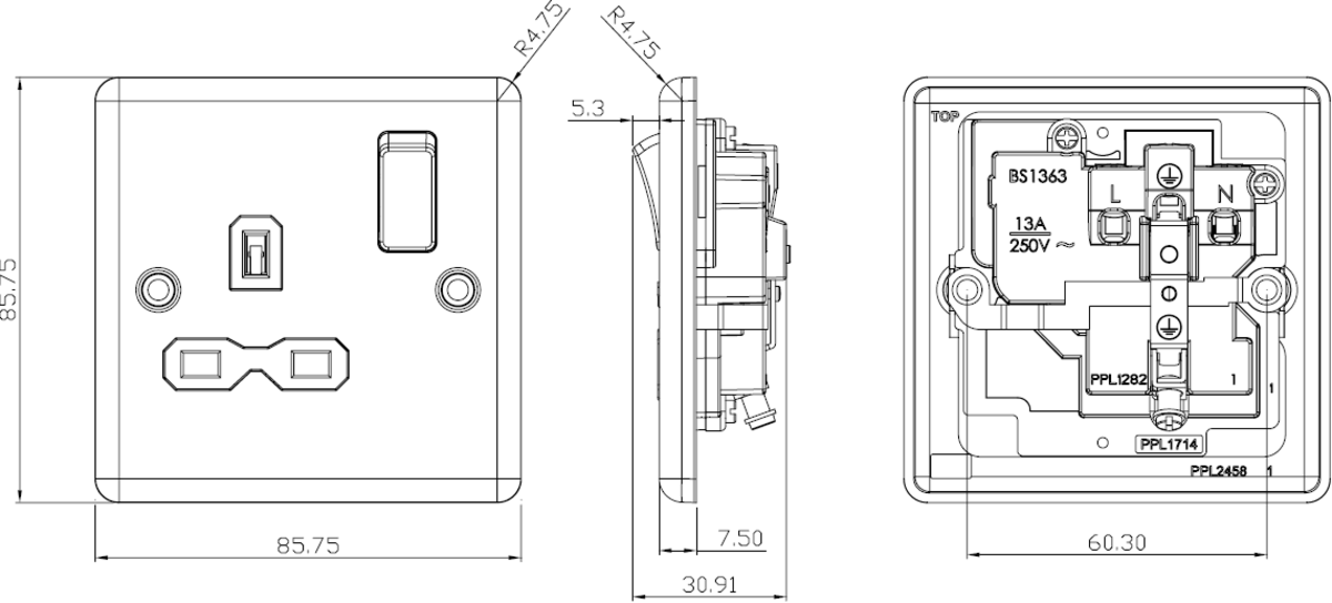 Additional view of 13A 1G DP Switched Socket - Polished Chrome with White Insert