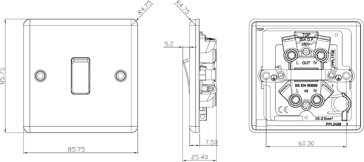 Secondary view of 20A 1G DP Switch - Polished Chrome