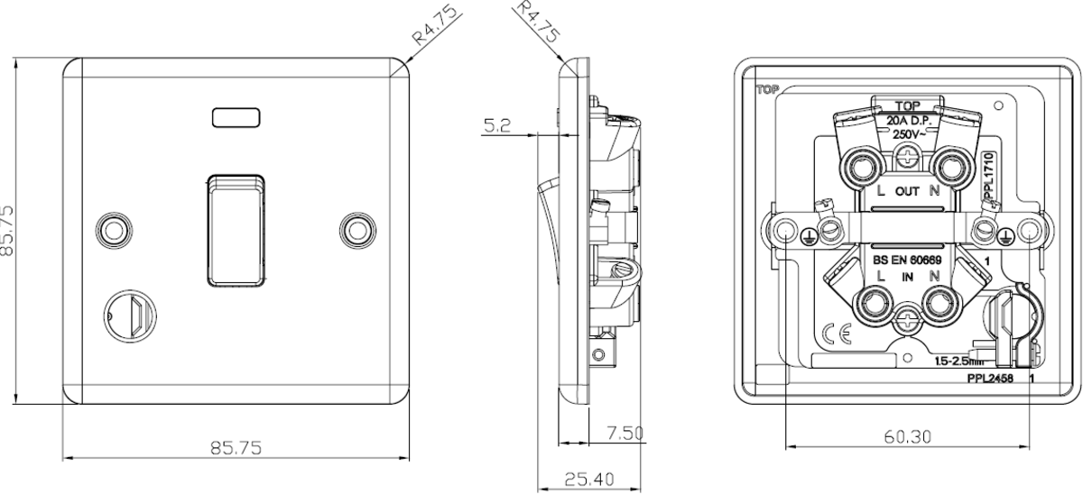 20A Polished Chrome Double Pole Switch - Side View