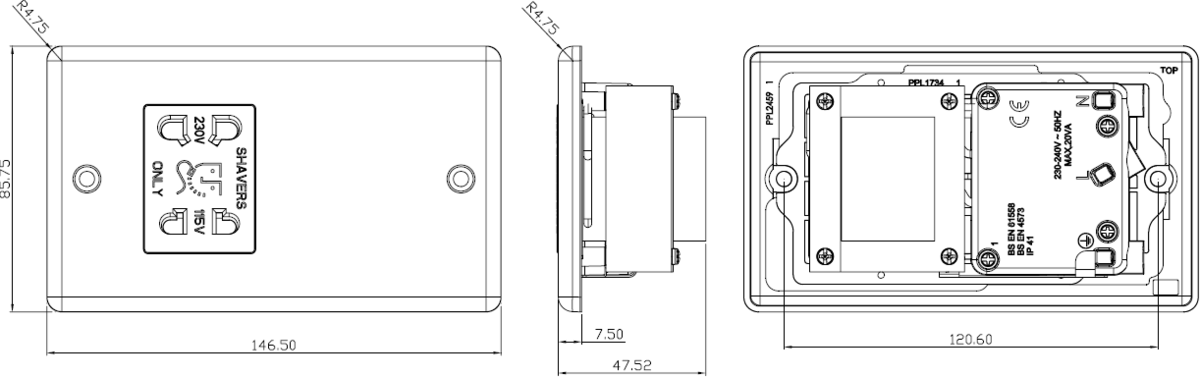 Dual Voltage Shaver Socket in Rounded Edge - Polished Chrome