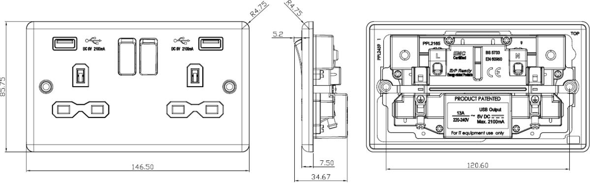 Side view of 13A 2G Switched Socket with Dual USB Charger - Polished Chrome