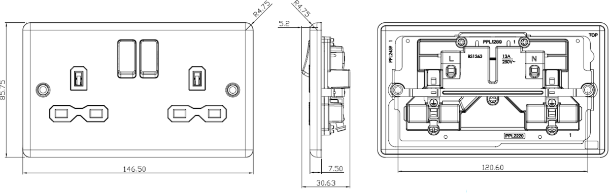 13A 2G DP Switched Socket Featuring Rounded Edge Design