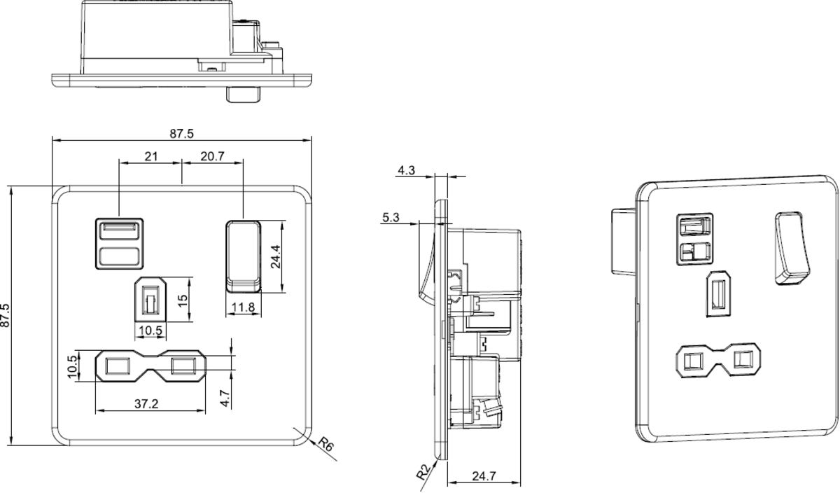 Secondary view of Brushed Chrome 13A Switched Socket with Dual USB Charger