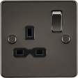13A 1G DP Switched Socket - Gunmetal with Black Insert - Flat Plate Design