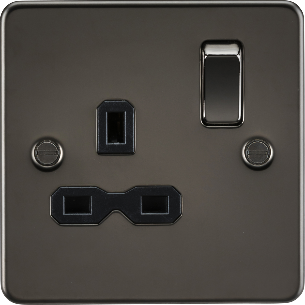 13A 1G DP Switched Socket - Gunmetal with Black Insert - Flat Plate Design