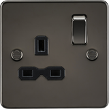 13A 1G DP Switched Socket - Gunmetal with Black Insert - Flat Plate Design