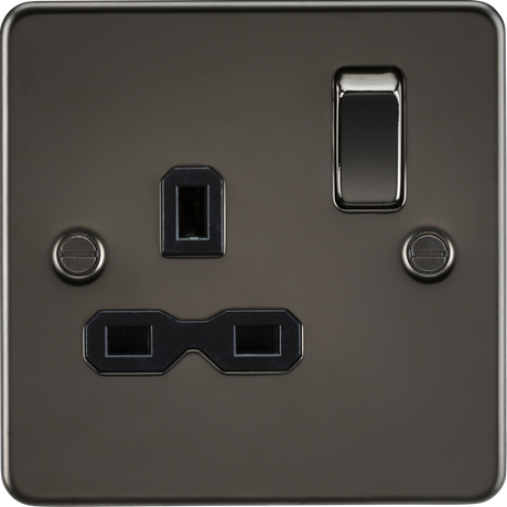 13A 1G DP Switched Socket - Gunmetal with Black Insert - Flat Plate Design
