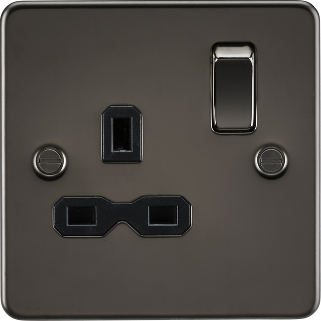 13A 1G DP Switched Socket - Gunmetal with Black Insert - Flat Plate Design