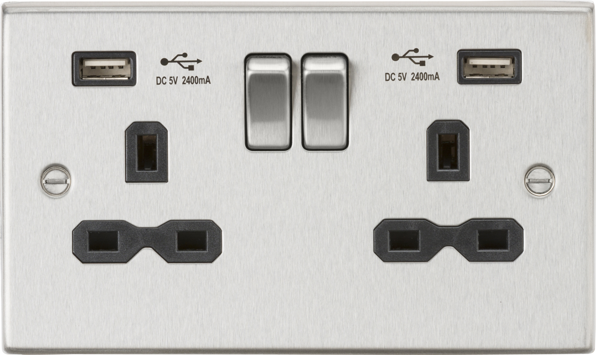13A 2G SP Switched Socket with Dual USB A+A in Brushed Chrome.